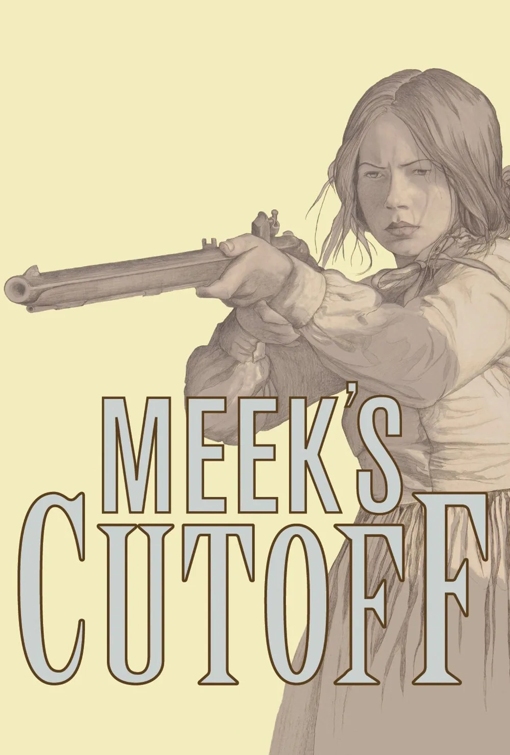 Meek's Cutoff 2010 filminin resmi afişi; Michelle Williams karakterinin tüfek doğrultan illüstrasyonu