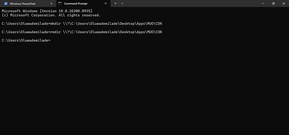 Windows komut isteminde mkdir ve rmdir \\?\ önekli CON klasör komutlarının hatasız çalıştırılması