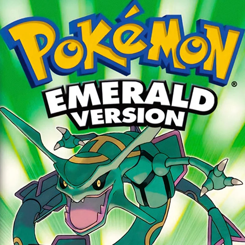 Pokémon Emerald oyununun resmi kutu kapağı, efsanevi Rayquaza görseliyle