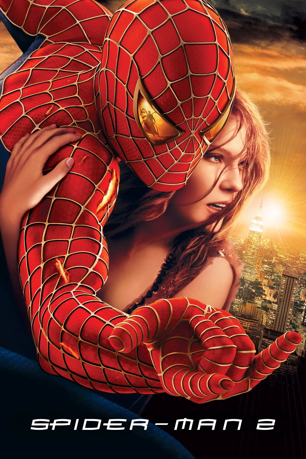 Sam Raimi'nin yönettiği Spider-Man 2 (2004) filminin resmi afişi — Tobey Maguire'ın Örümcek Adam'ı Mary Jane'i kollarında taşırken
