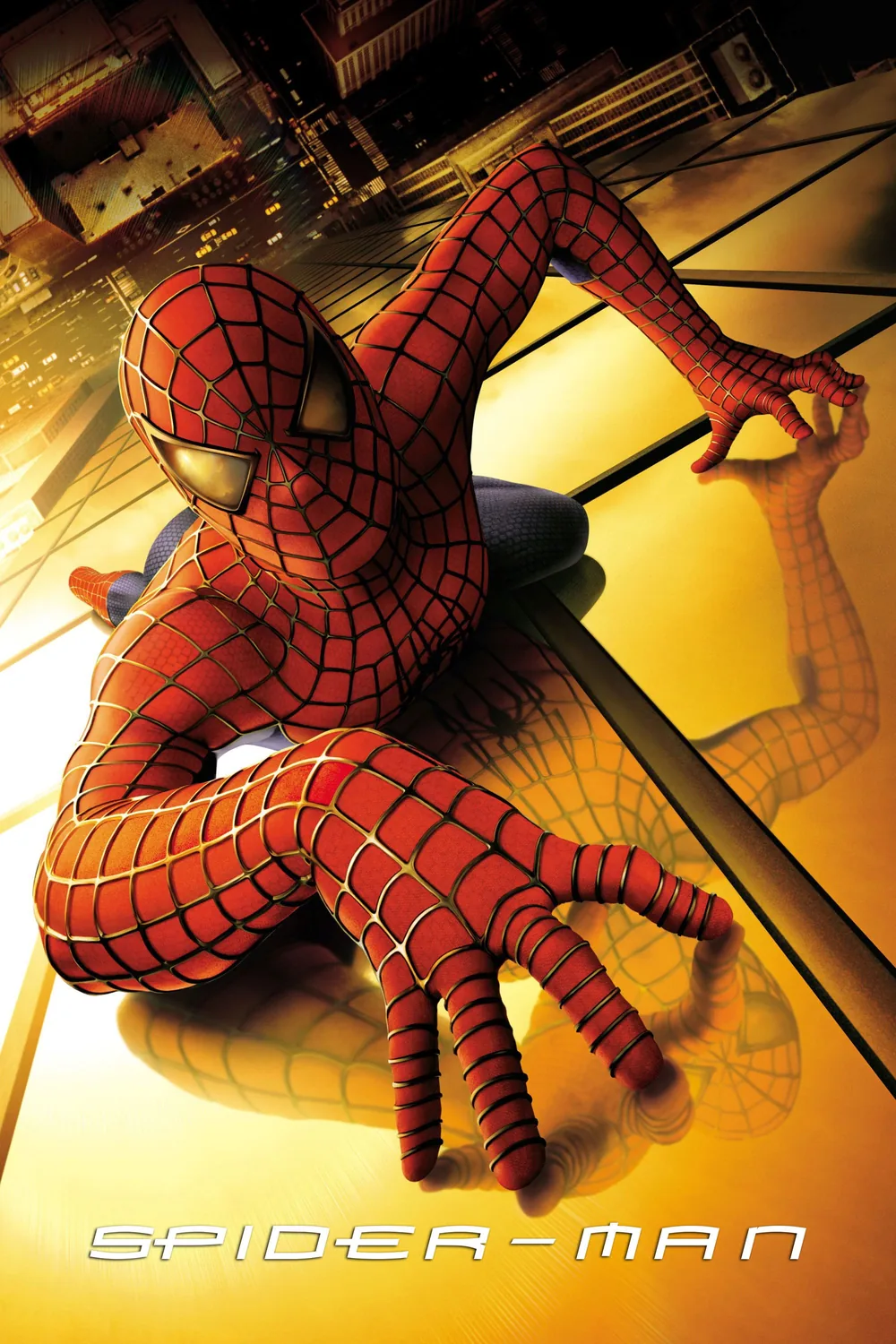 Sam Raimi'nin yönettiği ilk Spider-Man (2002) filminin resmi afişi — Tobey Maguire'ın Örümcek Adam'ı bir gökdelenin cam cephesine tutunmuşken
