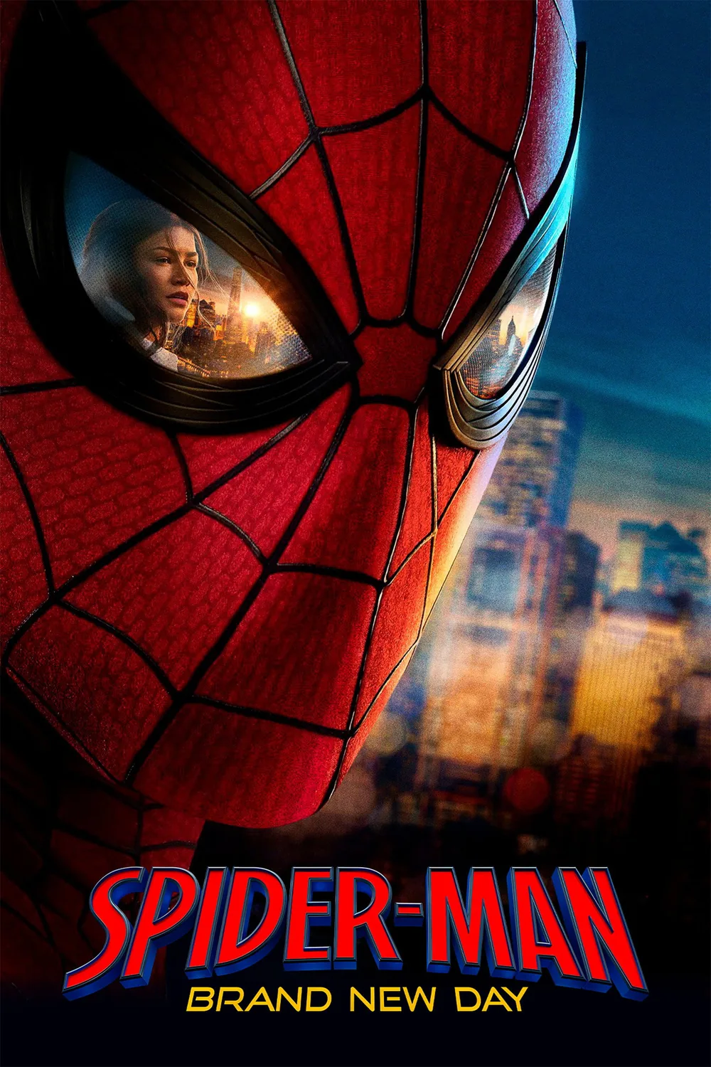 Spider-Man: Brand New Day (2026) filminin resmi afişi — Örümcek Adam'ın maskesindeki yansımada Zendaya'nın canlandırdığı MJ karakteri
