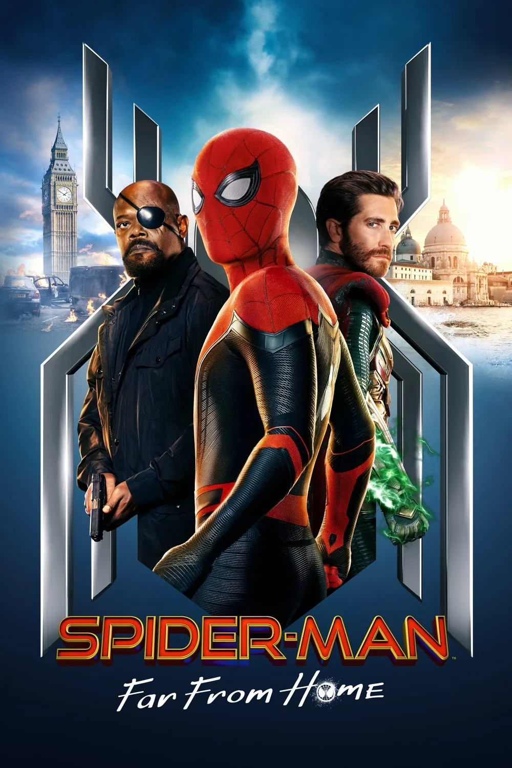 Spider-Man: Far From Home (2019) filminin resmi afişi — Örümcek Adam, Nick Fury ve Jake Gyllenhaal'ın Mysterio'su Avrupa fonunda