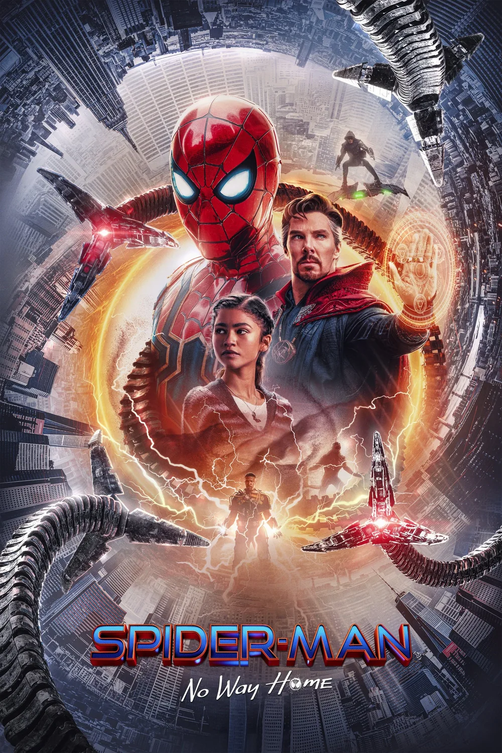 Spider-Man: No Way Home (2021) filminin resmi afişi — Tom Holland'ın Örümcek Adam'ı, Zendaya ve Doktor Strange çoklu evren portalının içinde