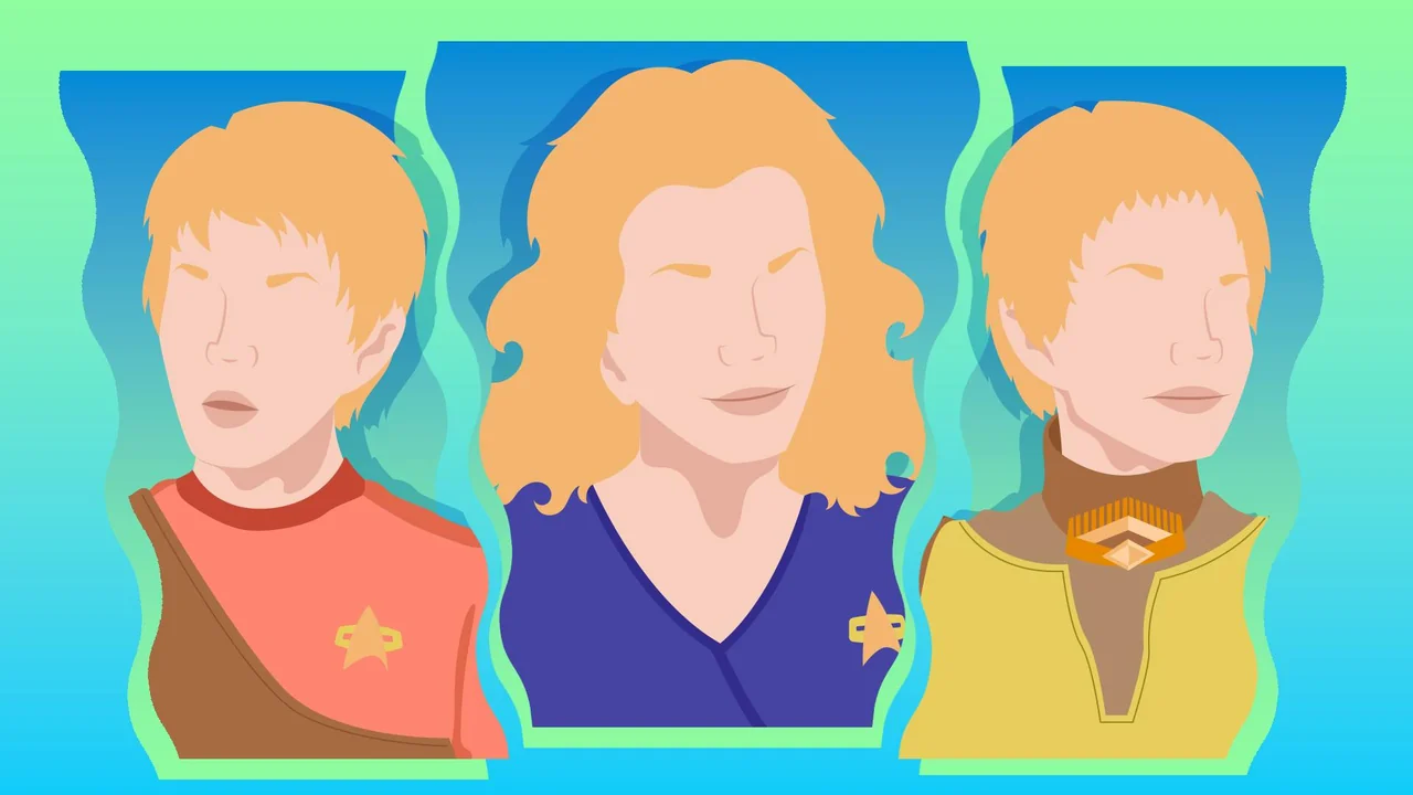 Star Trek Ocampa türü özellikleri: Kes karakterinin Voyager dönemindeki üç farklı görünümünü gösteren resmi StarTrek.com illüstrasyonu