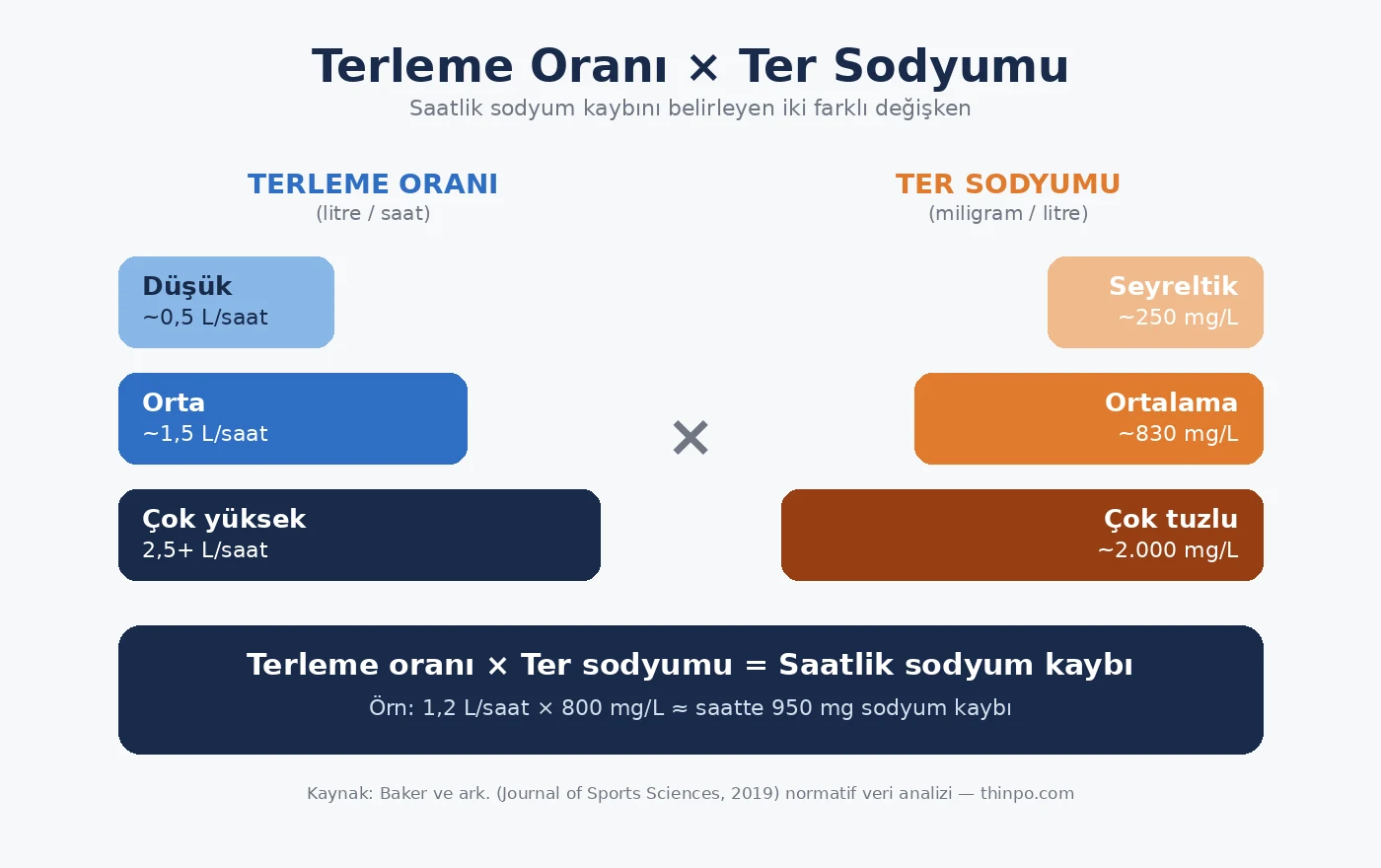 Terleme oranı litre saat ve ter sodyumu miligram litre aralıklarını karşılaştıran infografik