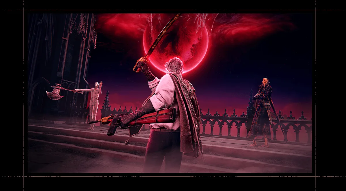 The Duskbloods ağ testi resmi tanıtım görseli: dev kırmızı bir ay altında karşı karşıya gelen üç Bloodsworn karakteri
