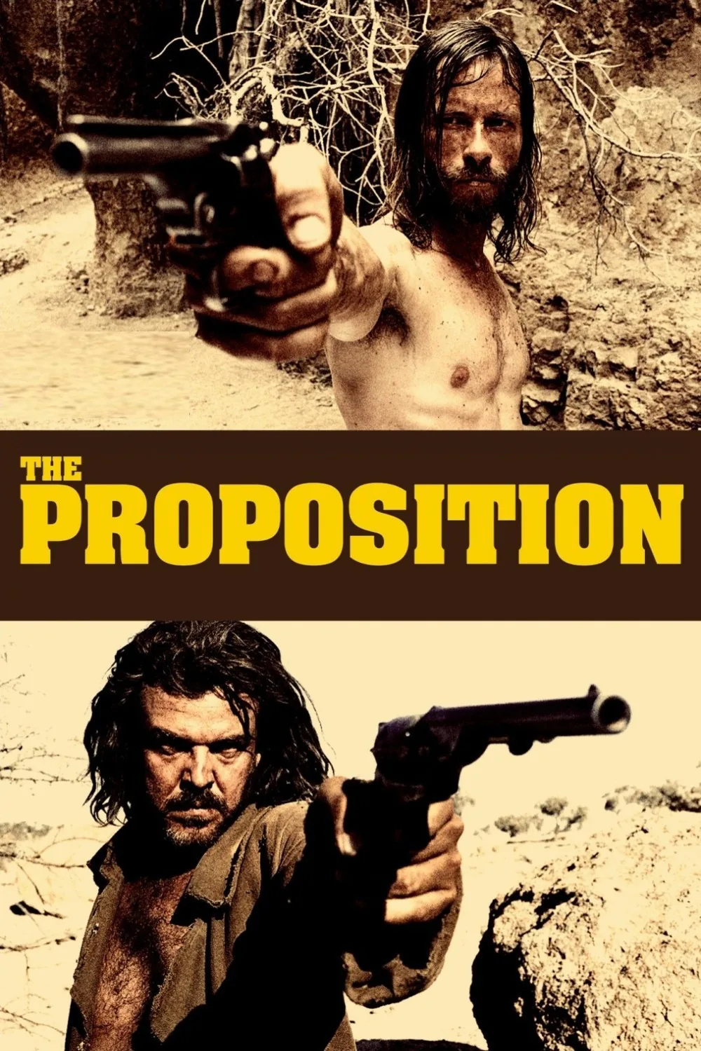 The Proposition 2005 filminin resmi afişi; Guy Pearce silahla nişan alıyor
