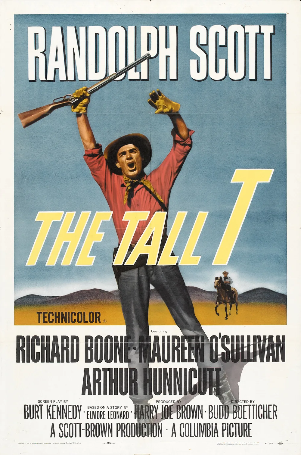 The Tall T 1957 filminin resmi afişi; Randolph Scott elinde tüfekle
