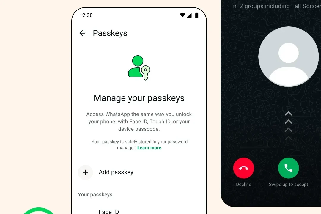 WhatsApp'ın resmi basın görselinde geçiş anahtarları (passkeys) ekranı ve WhatsApp logosu — 2026 hesap güvenliği duyurusu