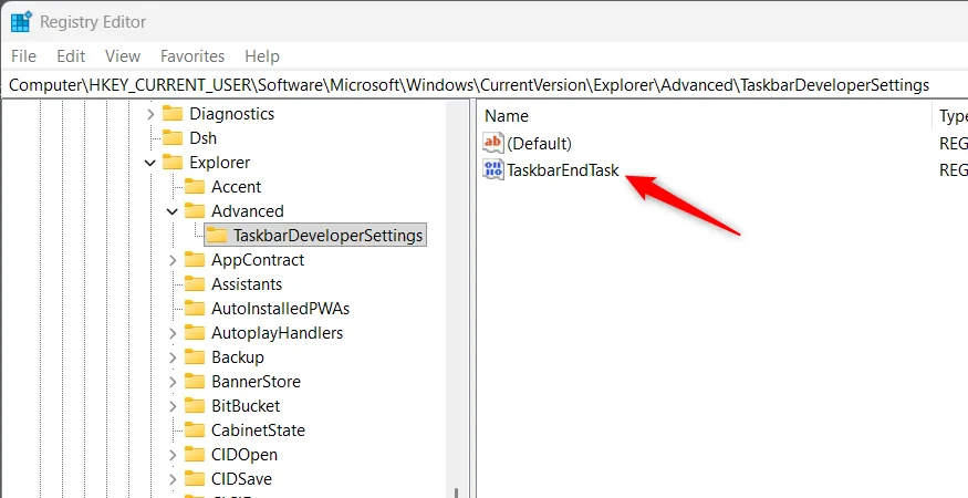 Windows 11 Kayıt Defteri Düzenleyicisi'nde TaskbarDeveloperSettings anahtarı altındaki TaskbarEndTask DWORD değeri